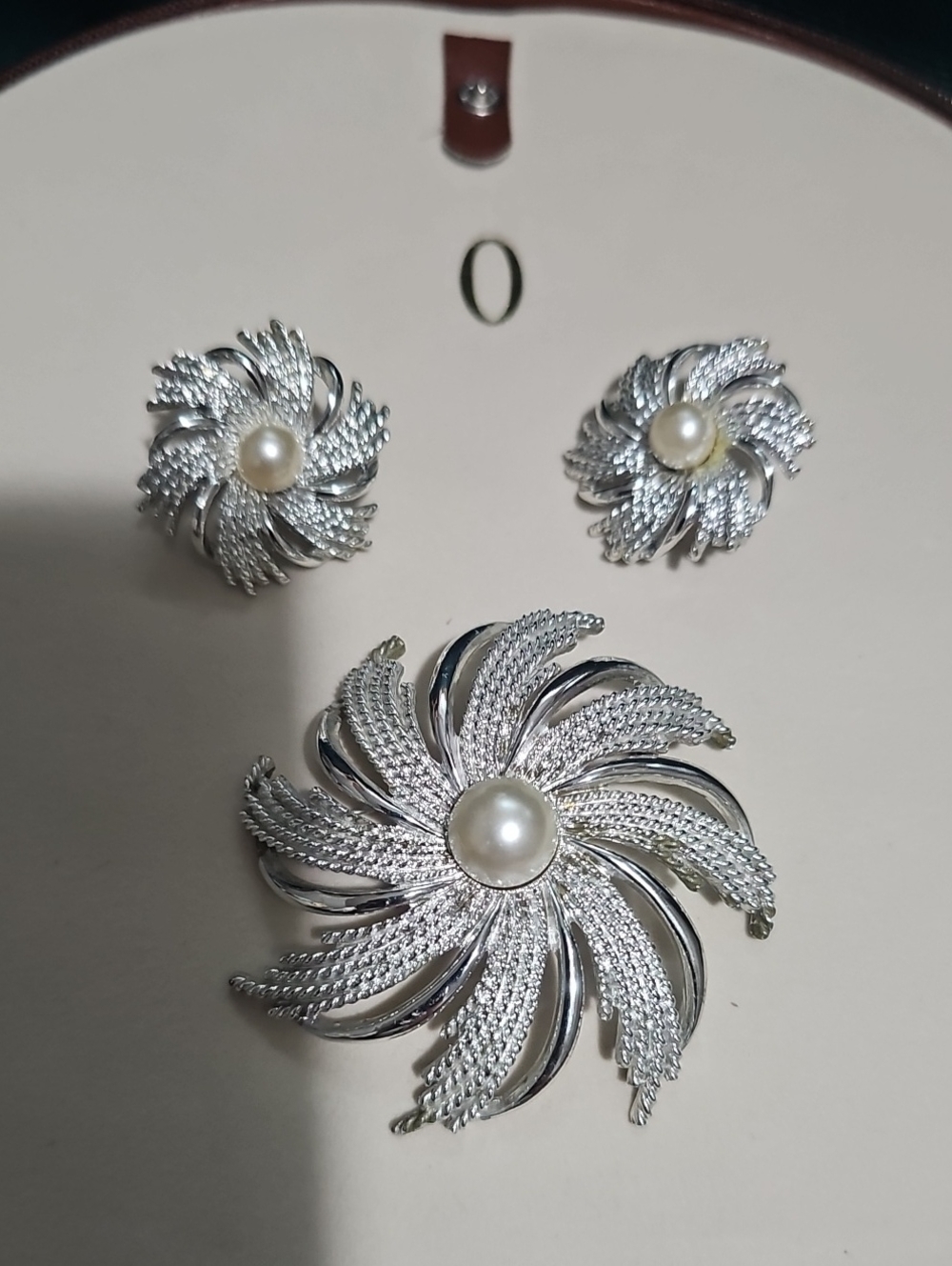 Sarah Coventry clip on earrings and brooch set silver tone with faux pearl